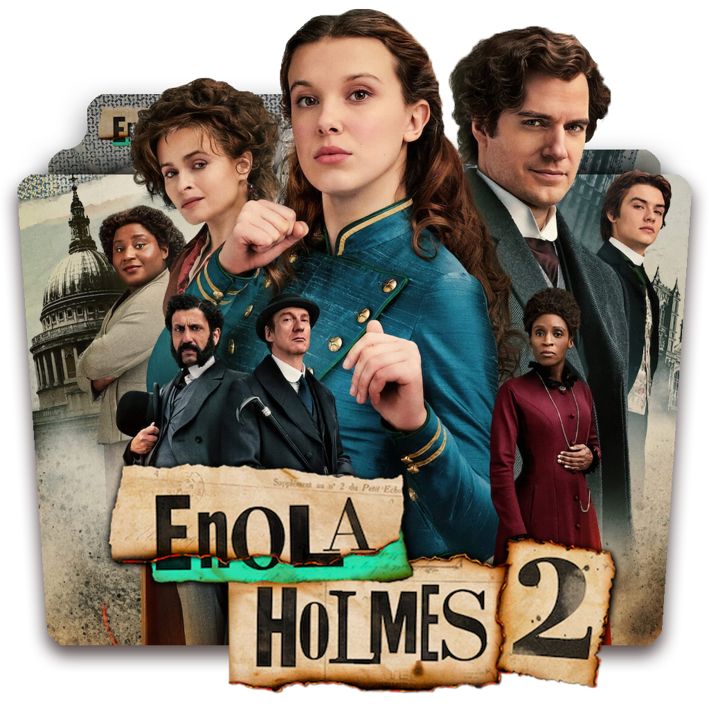 Henry Cavill as Sherlock Holmes, standing beside Millie Bobby Brown as Enola in Victorian-era attire.